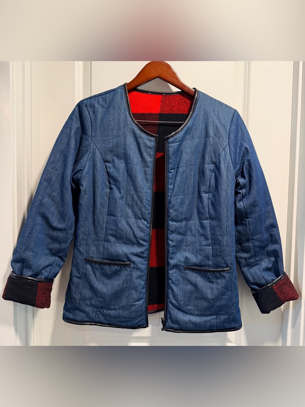 Tribal Jeans Women’s Reversible Denim & Buffalo Plaid Flannel Quilted Jacket S